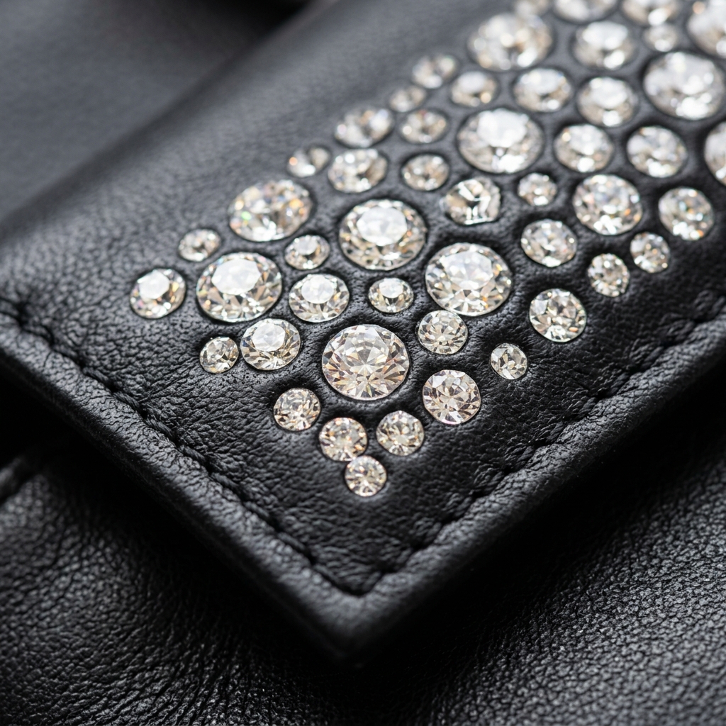 Close-up macro shot of premium rhinestones set in leather backing
