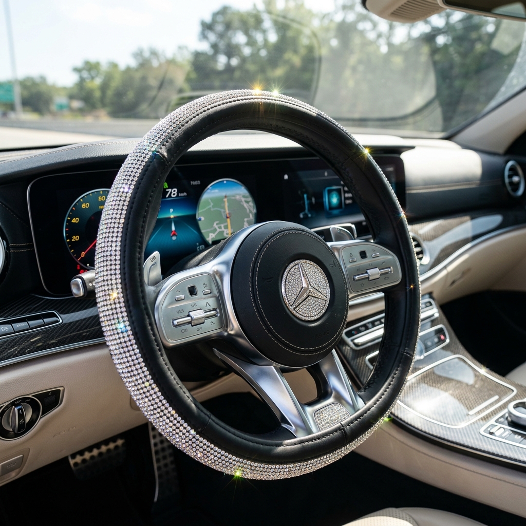 Glittering Rhinestone Bling Steering Wheel Cover in Luxury Car Interior